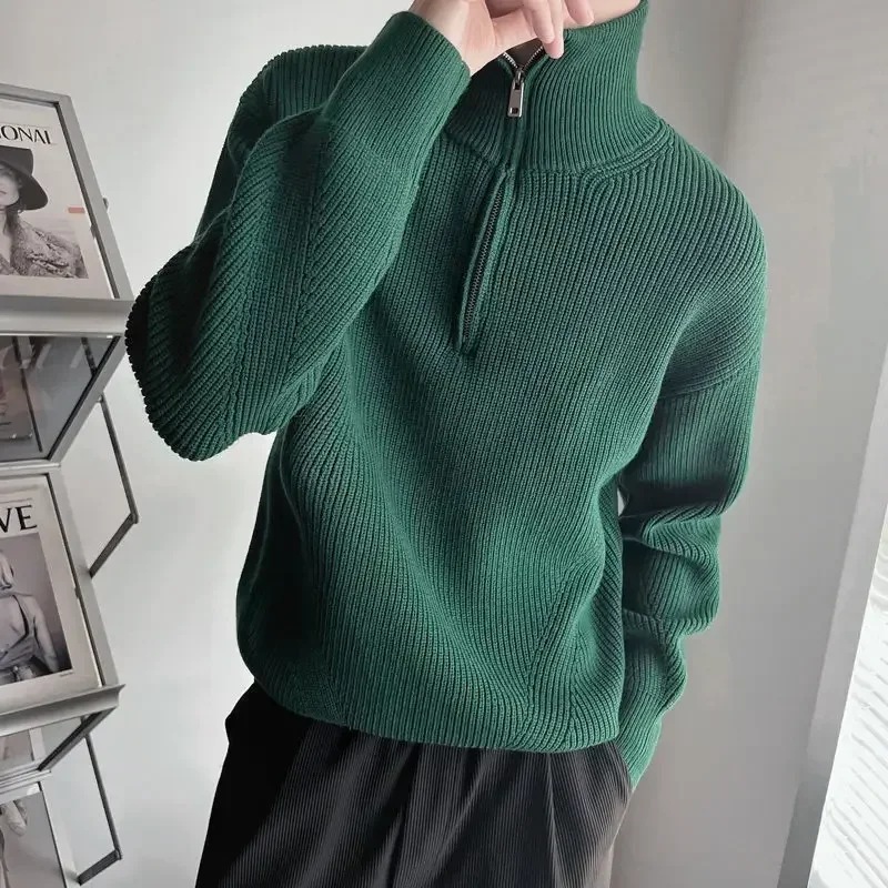 thumbnail image 1 of Suéter de punto para hombre, color sólido, ropa para hombre, cuello con cremallera, negro, liso, jerseys holgados, cuello grande, talla grande, overfit, 1 of 5