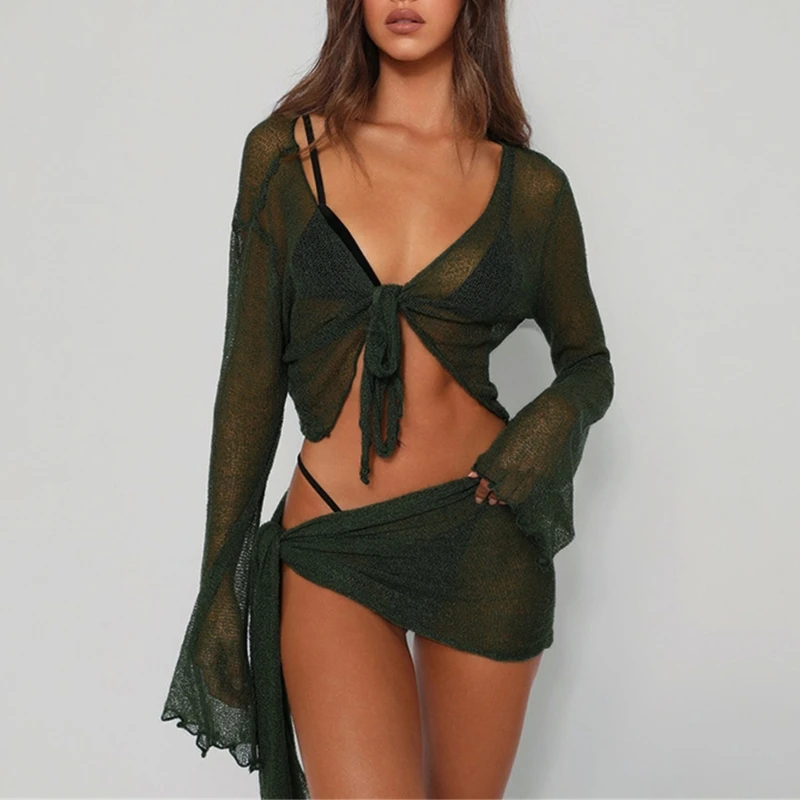 Swimsuit Cover Up Swimsuit Coverup Womens 2 Piece See Through Mesh Beach Swimsuit Cover Up Set Sheer Flared Long Sleeve Crop Top and Side Tie Mini Skirt