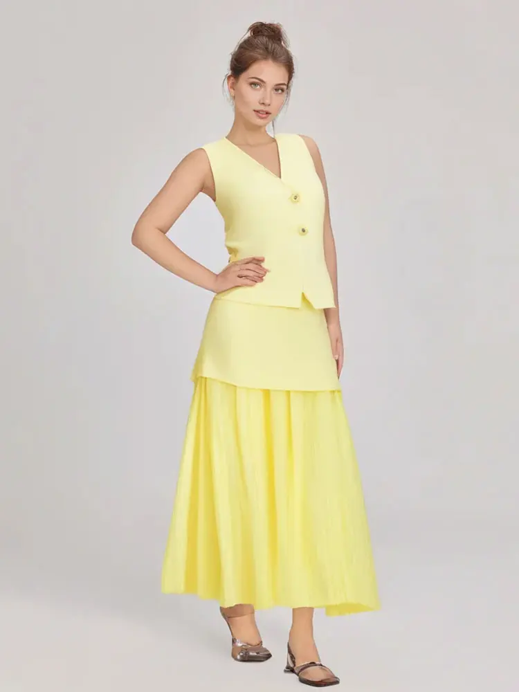 HH Women Elegant Yellow Skirt Suit V Neck Sleeveless Button Knitted Vest Top Slim Side Zipper Midi Skirt Streetwear Sets