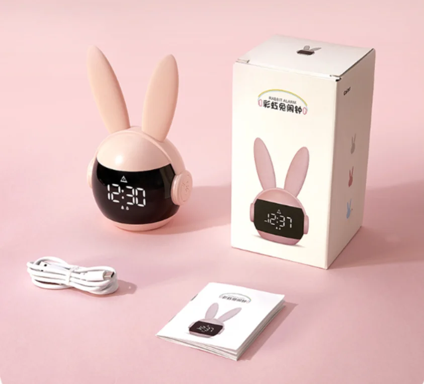 Kids Alarm Clock For Kids, Bunny Alarm Clocks For Girls Boys, Pink Kid Alarm Clock With Ringtones &Amp; Night Light Rechargeable Snoozing