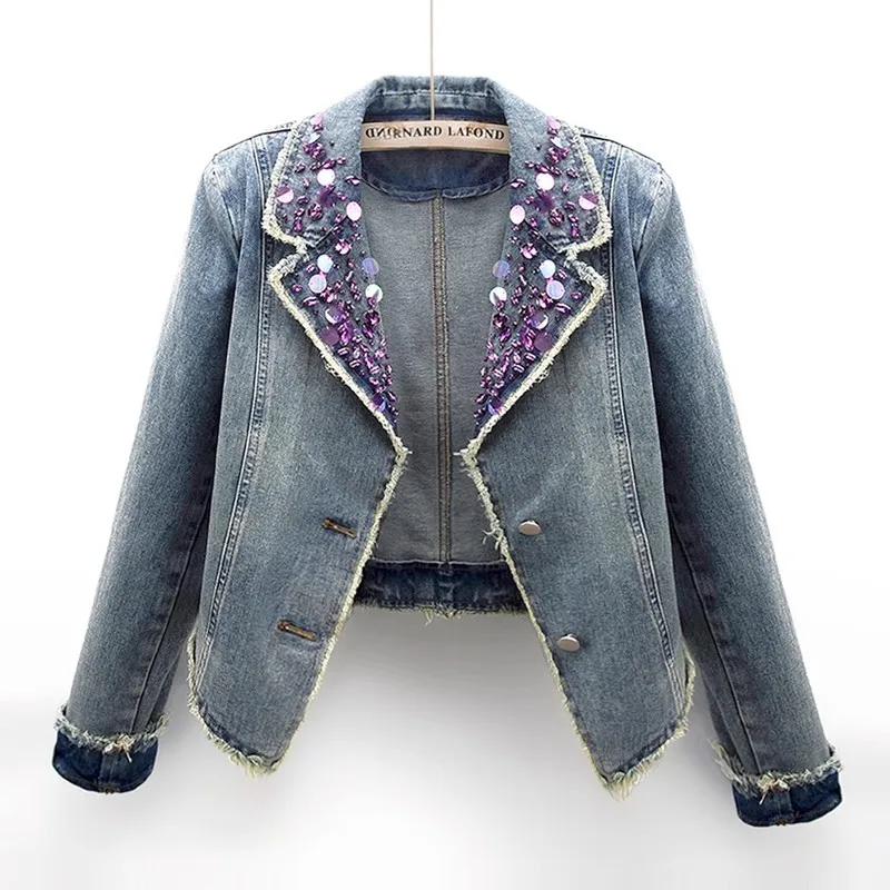 

Spring Multicolor Diamonds Suit Collar Denim Jacket Women Slim Short Cowboy Outerwear Vintage Blue Frayed Jeans Jacket Female