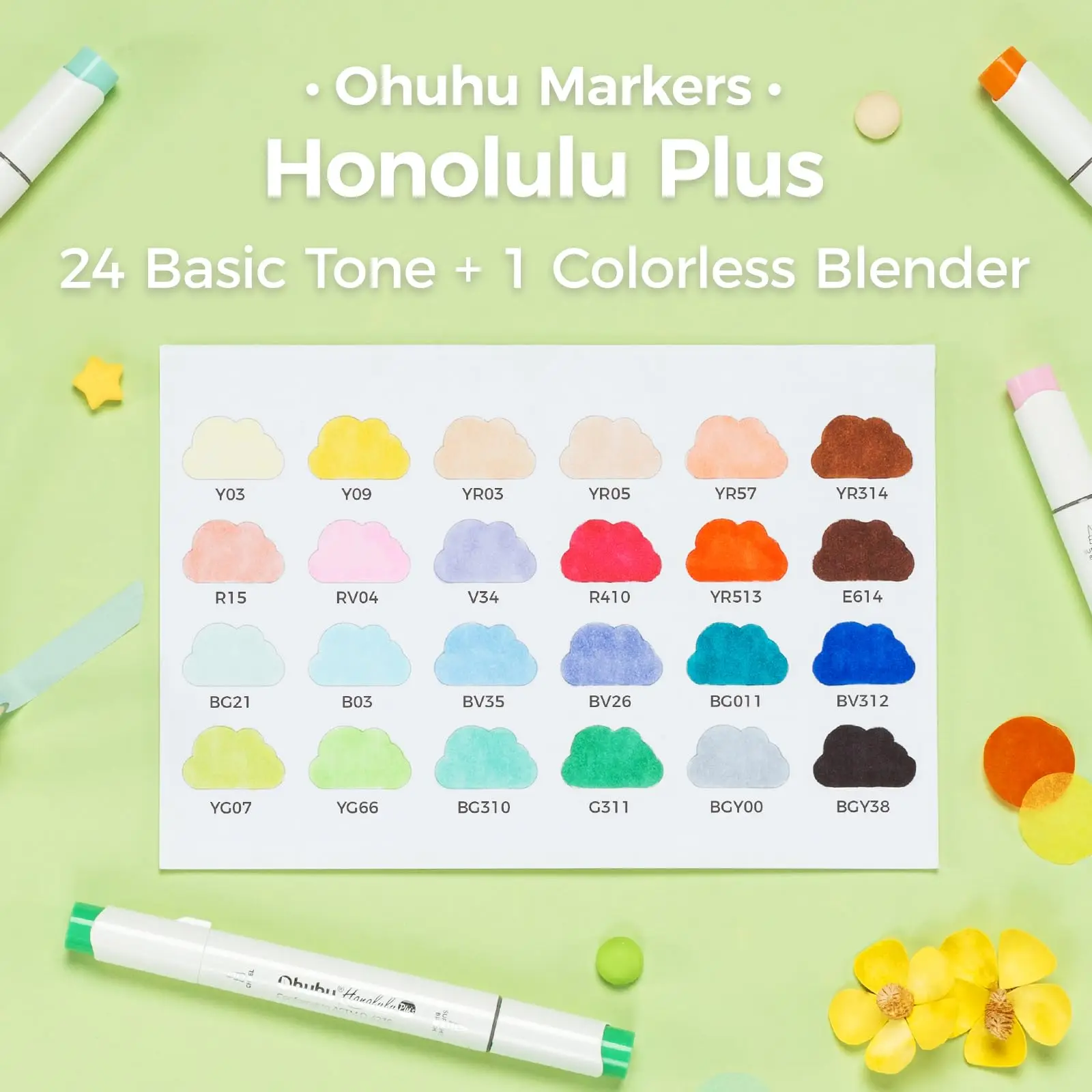 Ohuhu Honolulu Plus 24 Colors Alcohol Markers Double Tipped Art