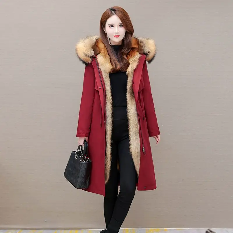 Women's Imitation Fox Fur Liner, Removable Hooded Coat, Long Parkas, Slim Outwear, Large Size, Warm, Female, Winter, New, 2024