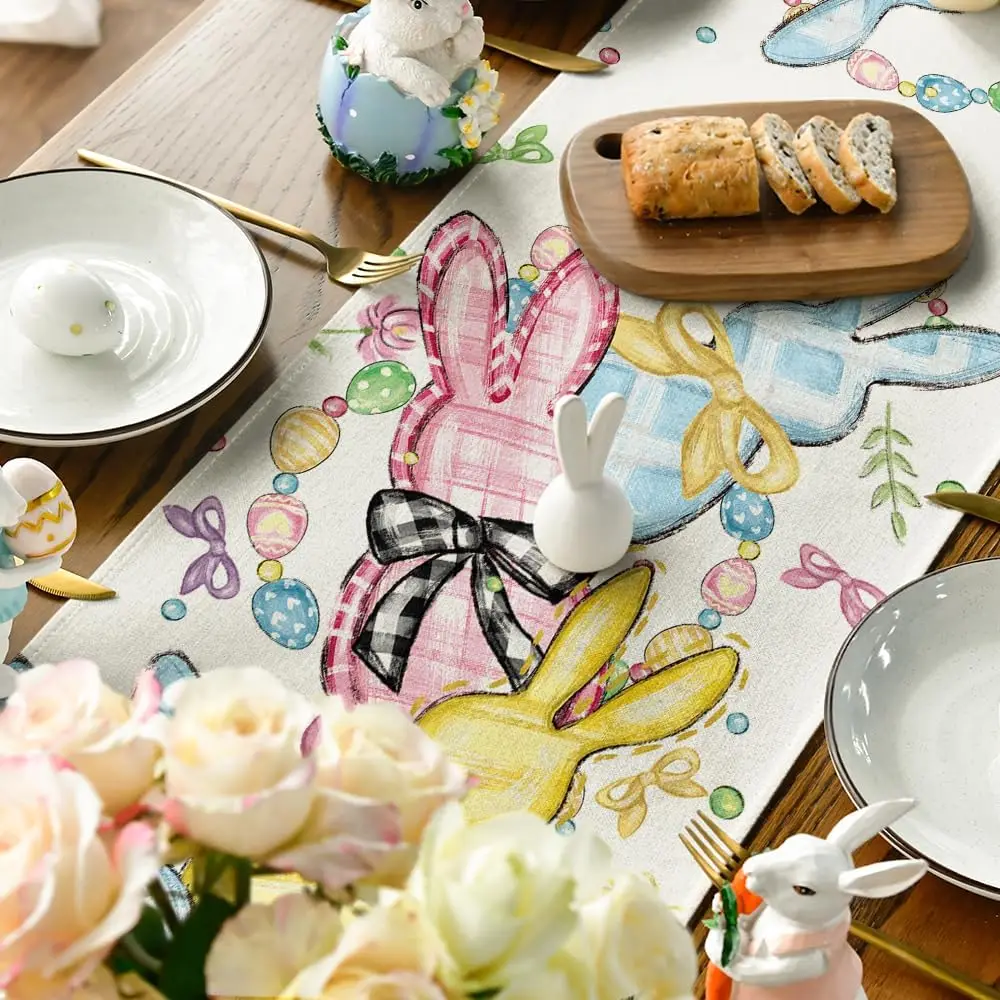 Easter Bunny Floral Bow Rabbits Eggs Linen Table Runner Party Decor Spring Farmhouse Kitchen Table Runner Easter Decorations 5