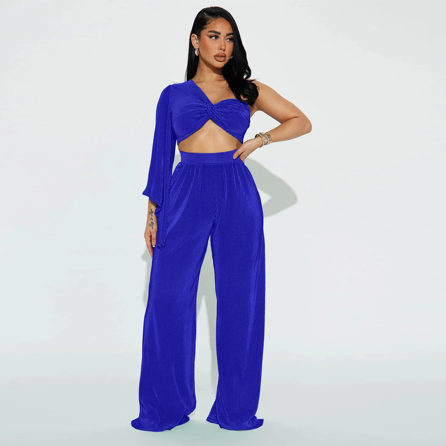 

Zoctuo Fashion Pleated 2 Piece Trousers Women Outfit Sexy One Shoulder Long Sleeve Crop Tops And Green Slim Wide Leg Pants Suits