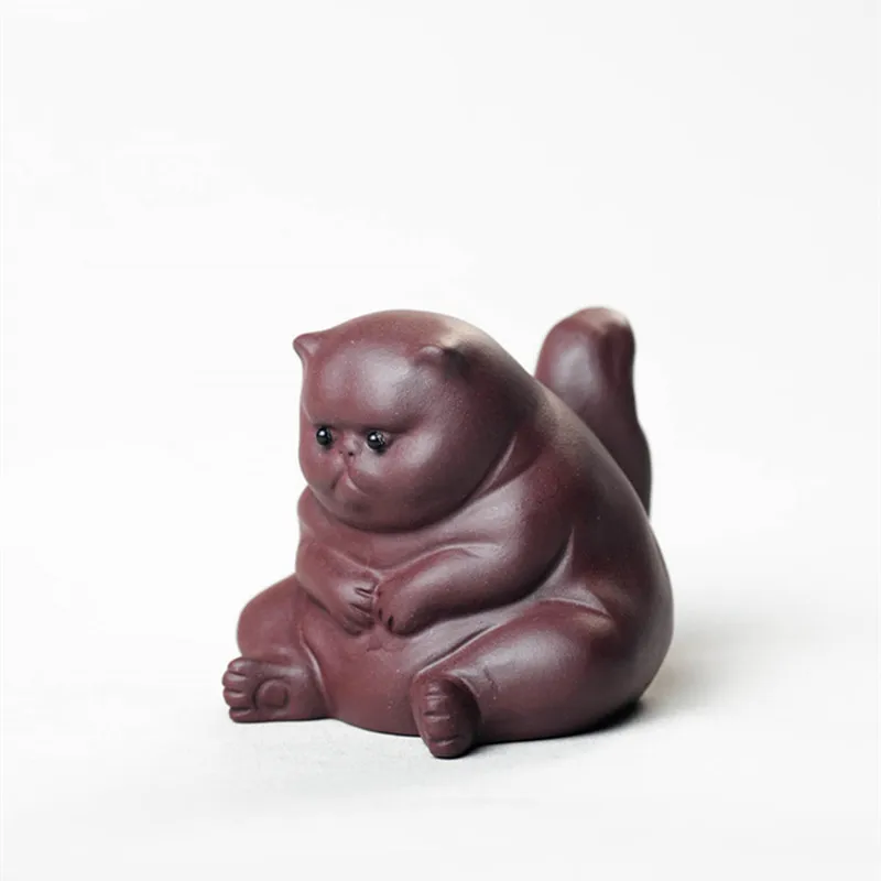 Yixing Purple Clay Tea Pet Lucky Cat Figurine Desktop Ornaments Handmade Sculpture Crafts Home Tea Set Decoration Gifts
