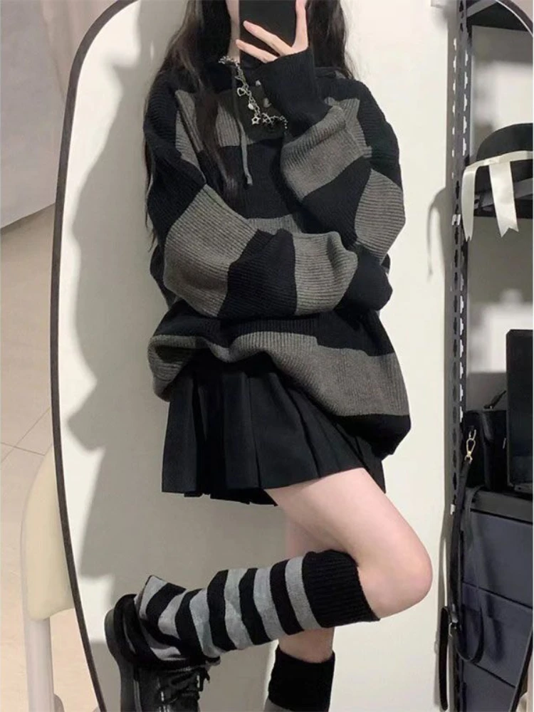 

Deeptown Vintage Striped Hooded Sweaters Women Harajuku Gothic Knitted Jumper Retro Loose Casual Oversized Pullover Tops Grunge