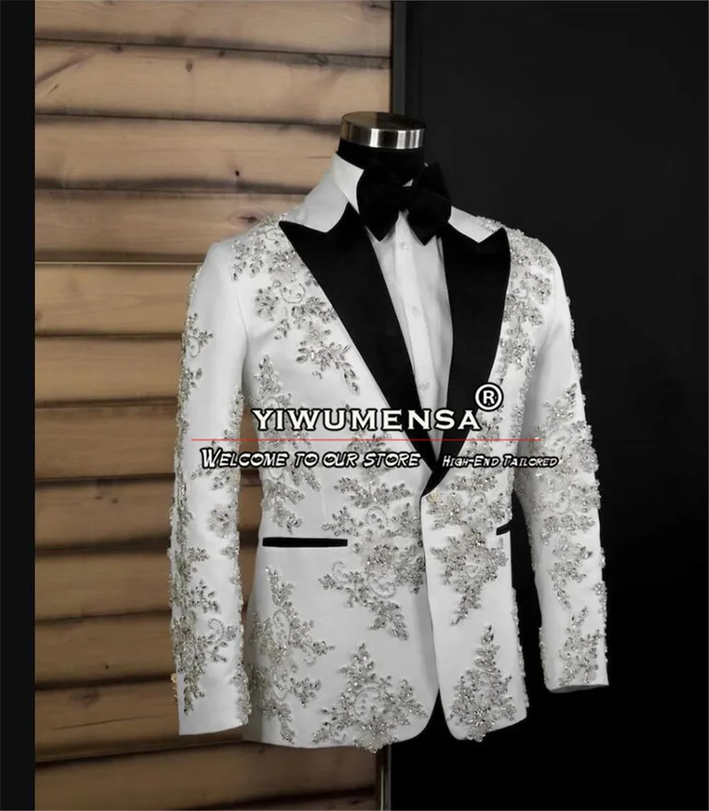 

Блестящие мужские костюмы из бисера, однобортные смокинги для жениха, облегающие свадебные костюмы из двух предметов, серебристые бриджи