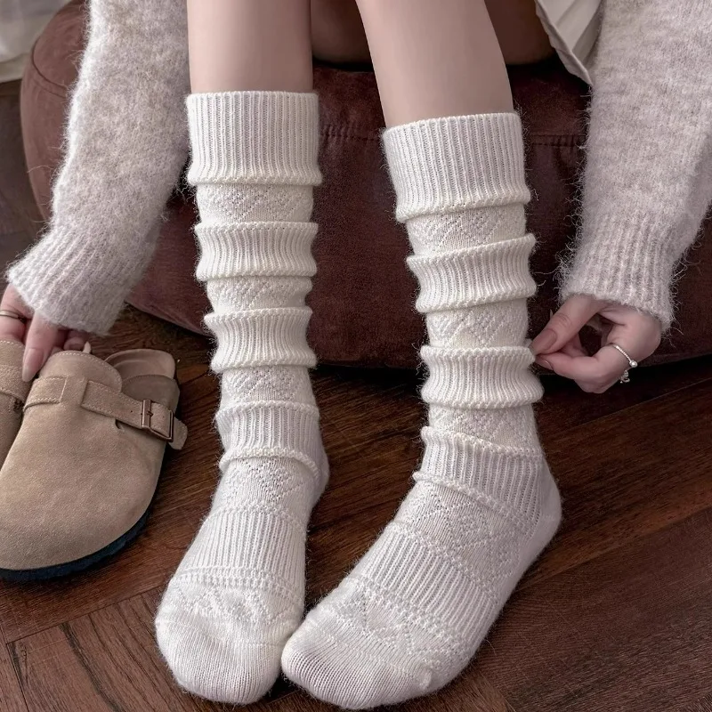 Fashion Cozy Diamond Hollow Knitted Socks for Women Soft Warm Home Long Tube Socks Autumn Winter Stockings Boots Socks