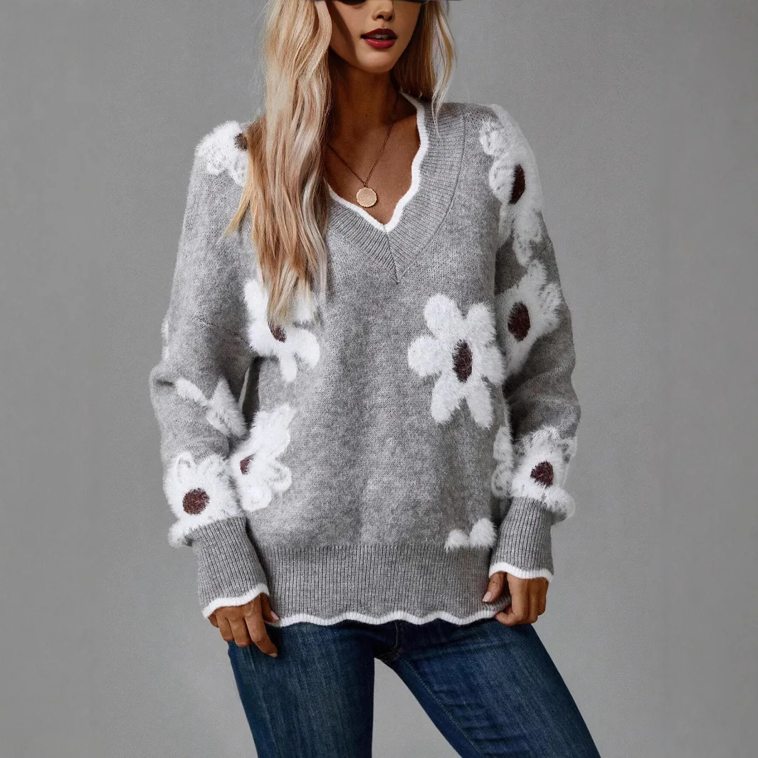 Women Floral Print Long Sleeve Knitted Sweater