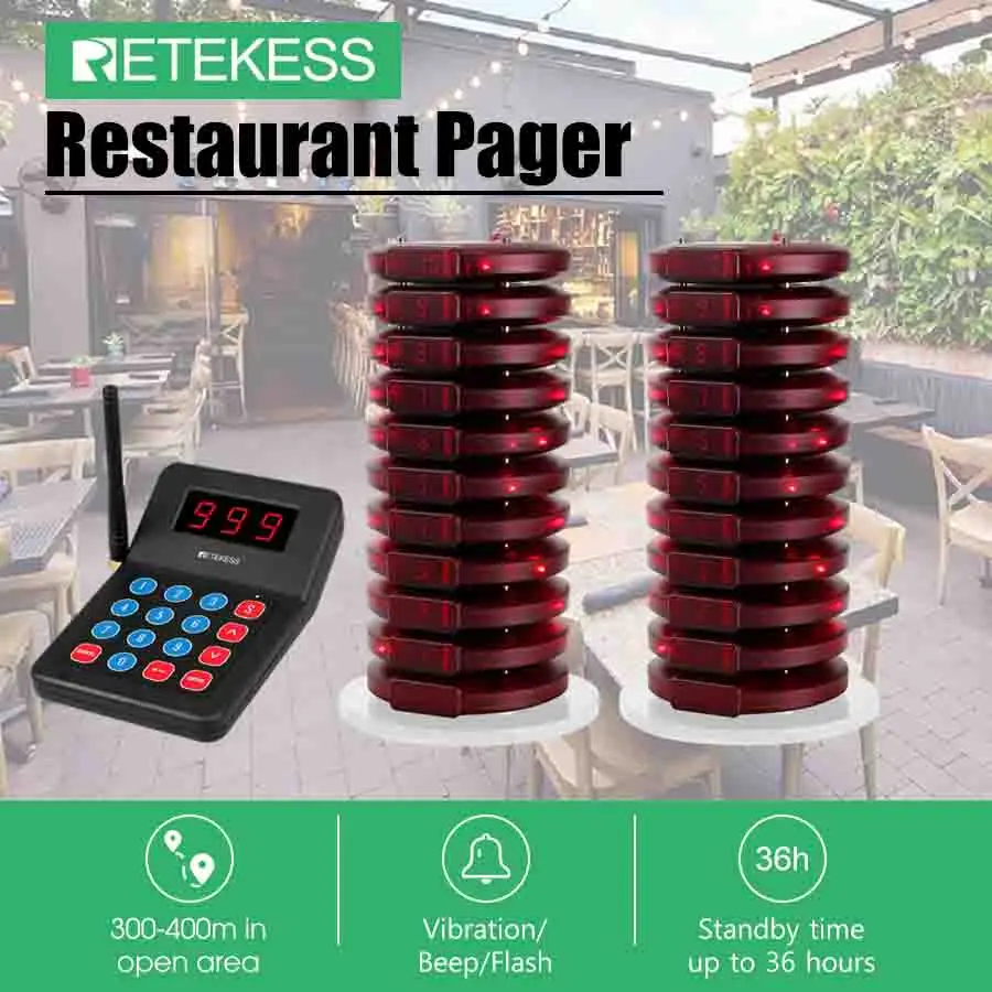 Retekess T119 Wireless Calling Quening System 20 Coaster Pagers Buzzer Receivers Long Standy For Restaurant Cafe Bar Food Truck