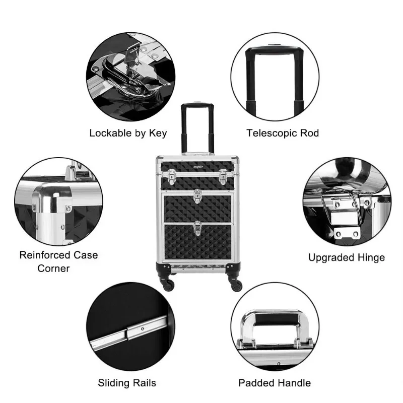 mefeir Aluminum Rolling Makeup Train Case Travel Beauty Luggage Trolley Lockable w/4 Removable Wheels & 2 Sliding Drawers 4
