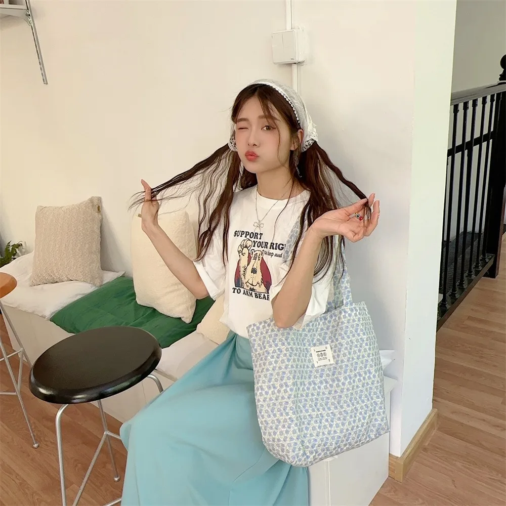 

Повседневная Холщовая Сумка-тоут с цветочным принтом, вместительный холщовый саквояж на одно плечо, Студенческая сумочка-тоут