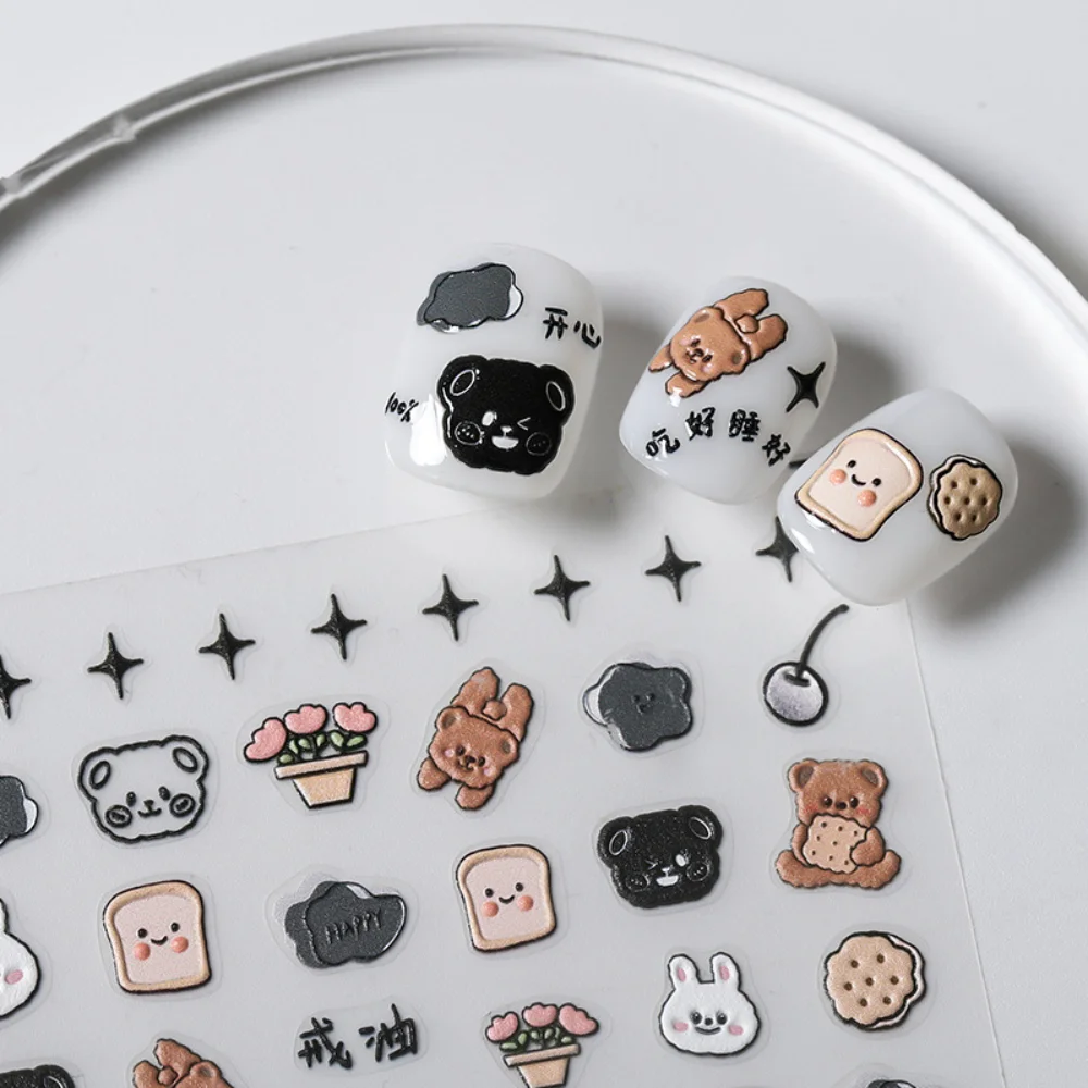 

1pc Cute Bear Rabbit Bread Nail Art Sticker 3D Relief Food Nail Decals Nail Decorations Nail Design DIY Manicure Accessories