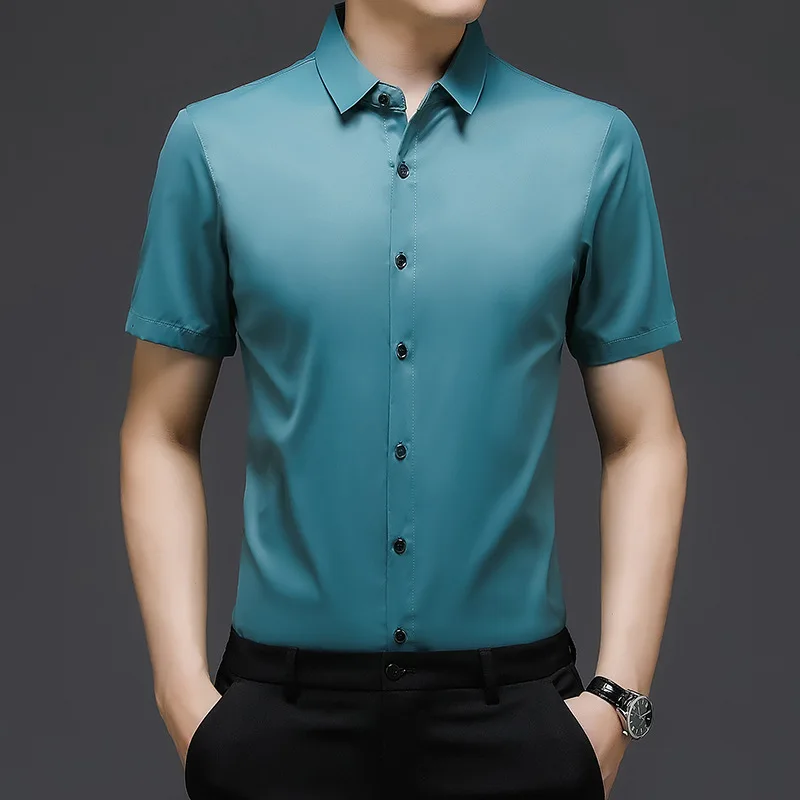 

Summer New Men's Short-sleeved Smooth Faux Mulberry Silk Shirt Business Casual Solid Color Thin Ice Silk Shirt