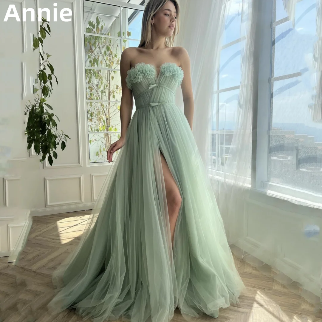 

Annie Light Green Prom Dresses A-line Tulle Evening Dress Corset Side Slit فستان حفلات الزفاف Formal Occasions Party Dress