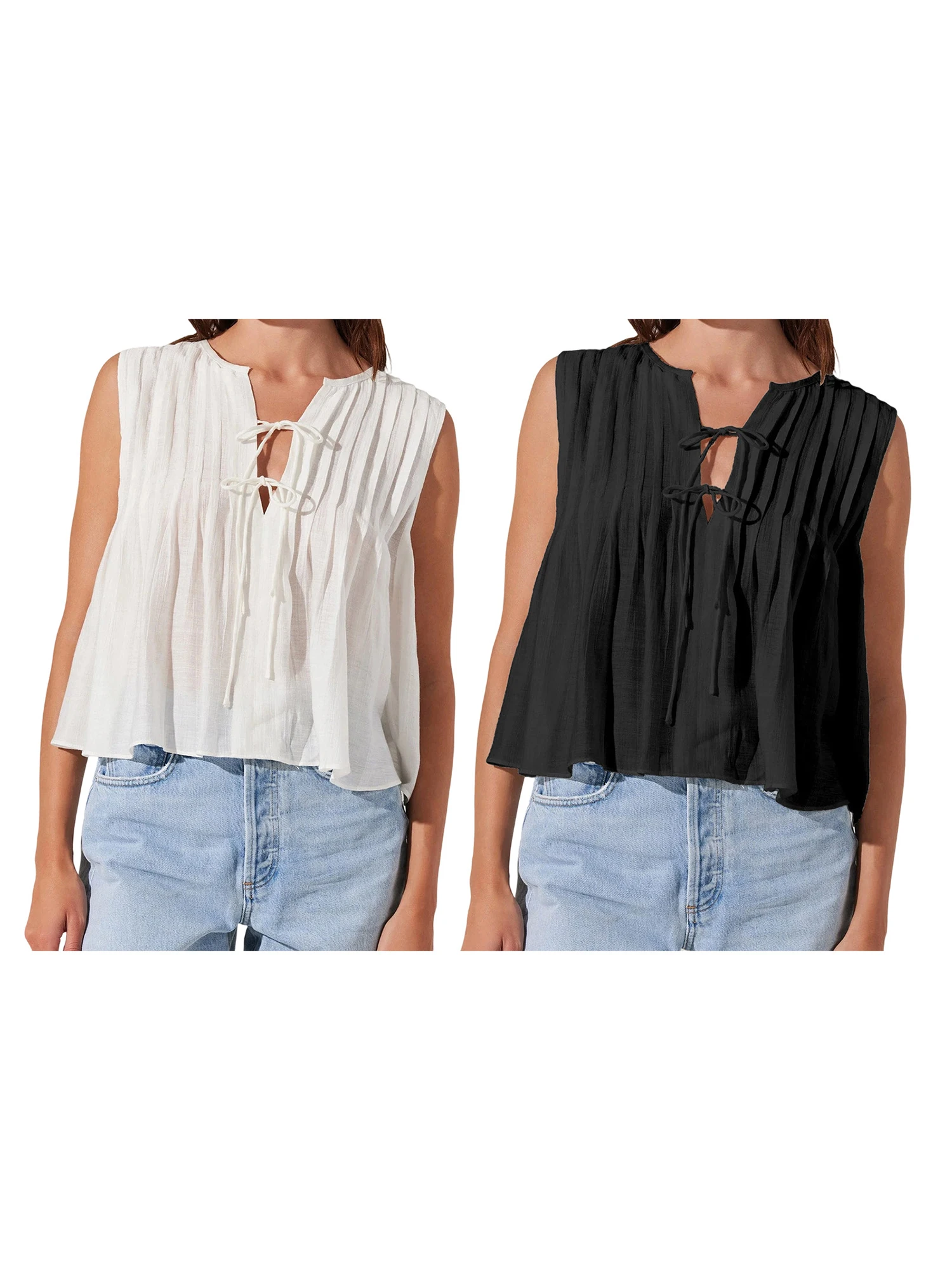 Stylish Women s Sleeveless Pleated Tank Top with Tie Front Detail - Chic and Versatile Solid Color Summer Vest