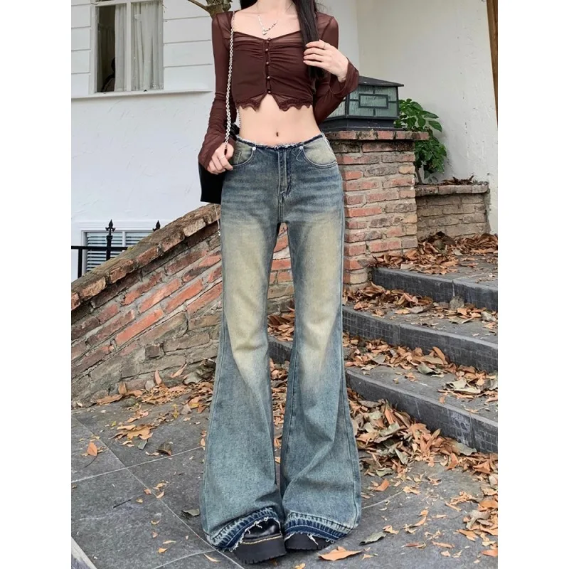 

Y2K High Waist Flare Jeans Women Skinny Aesthetic Vintage Washed Denim Trousers Retro Mopping Korean Street Fashion New