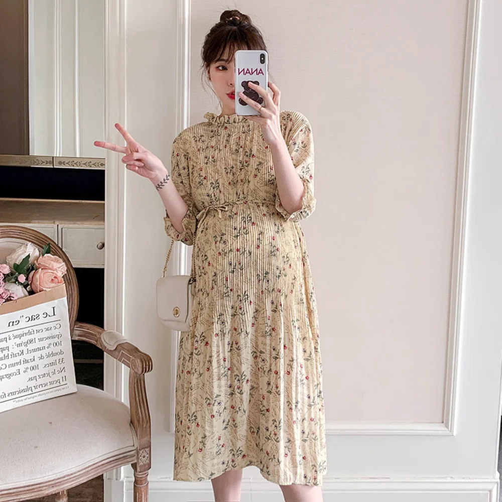 Korean Style Maternity dress Chiffon Sweet Short Sleeve Floral vestidos Pregnancy dress Pregnant Woman clothing Mini Dresses