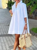 Fashion Women's White Shirt Dress Summer Half Sleeves Loose Solid Color Lapel Loose Casual Deep V-neck Mini Dresses