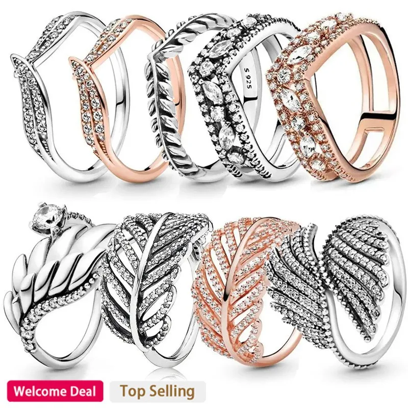 Hot Selling 925 Sterling Silver Original Women's Vintage Wing Shiny Leaf Crown Ring DIY Charm Jewelry Gift Light Luxury Fashion