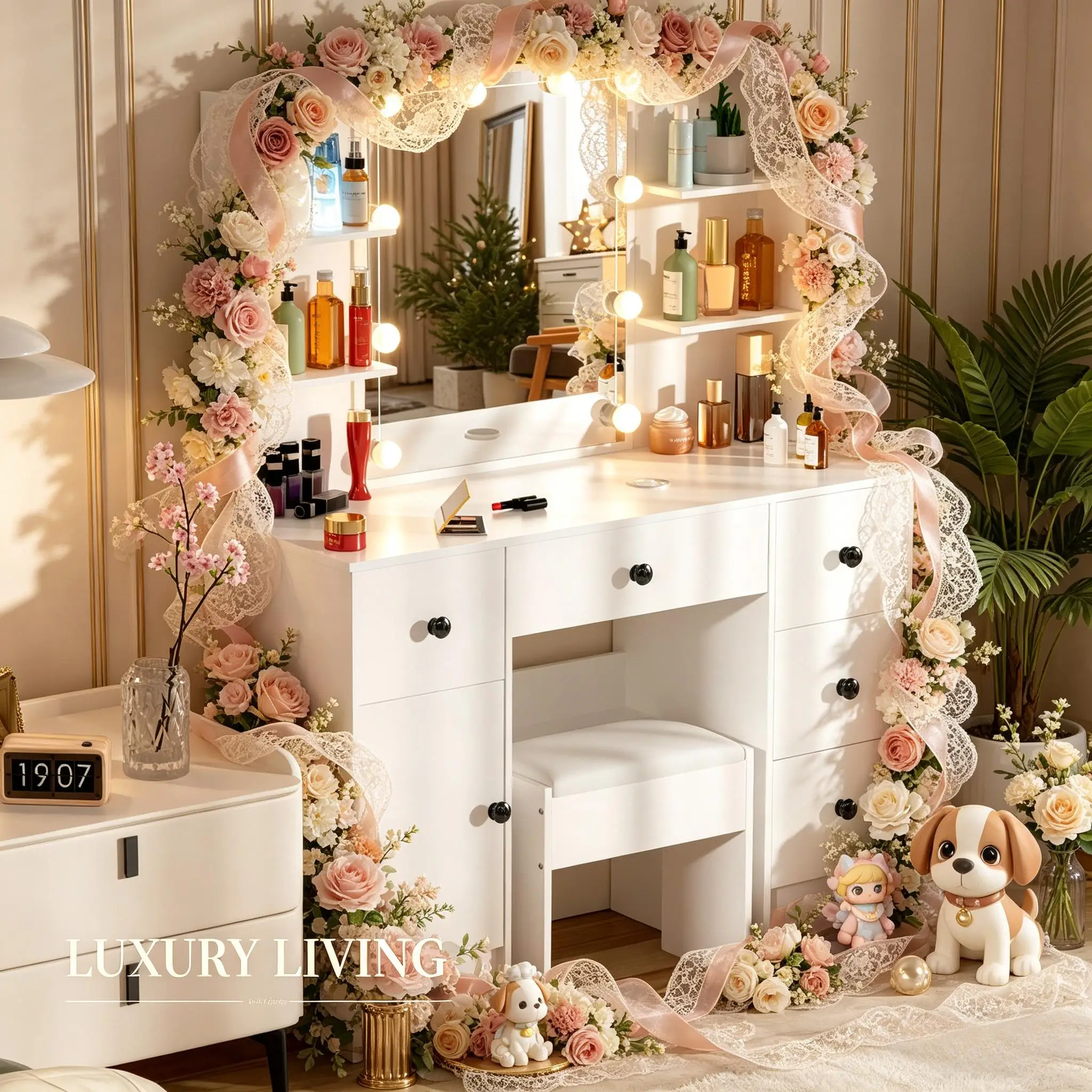 White Modern Vanity Set, LED Lighted Mirror, 3 Color Dimmable, 5 Drawers & Stool, Bedroom Dresser - 1