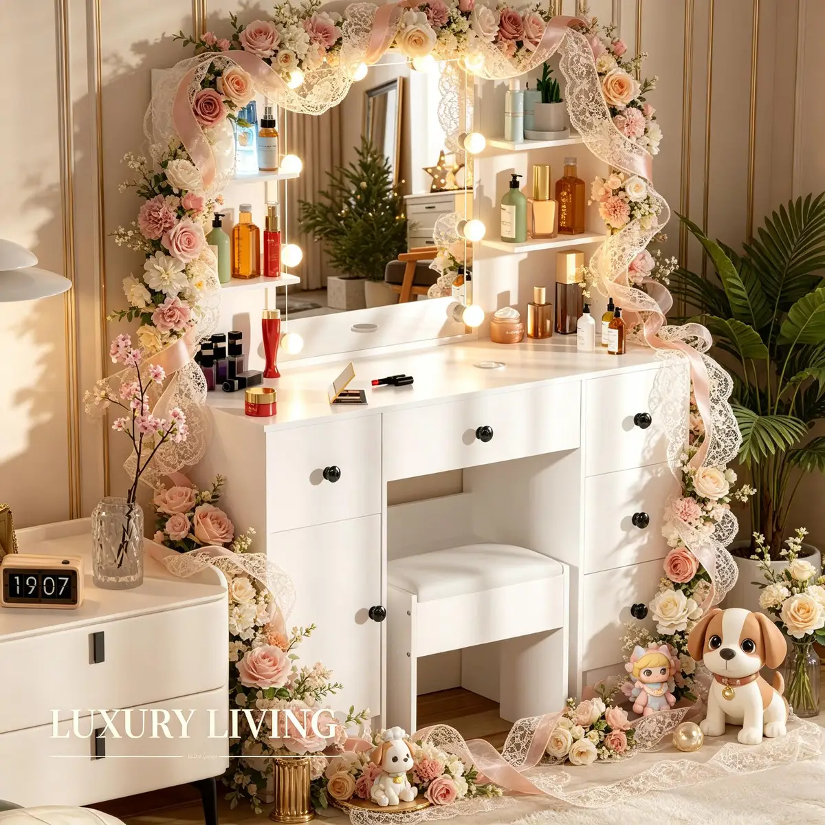 White Modern Vanity Set, LED Lighted Mirror, 3 Color Dimmable, 5 Drawers & Stool, Bedroom Dresser