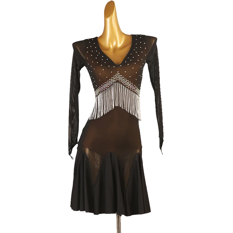 

Latin Dance Clothes Professional Modern National Dress Long Sleeve Rhinestone Fringe Clothing Rumba Tango Salsa Outfits DQL8035