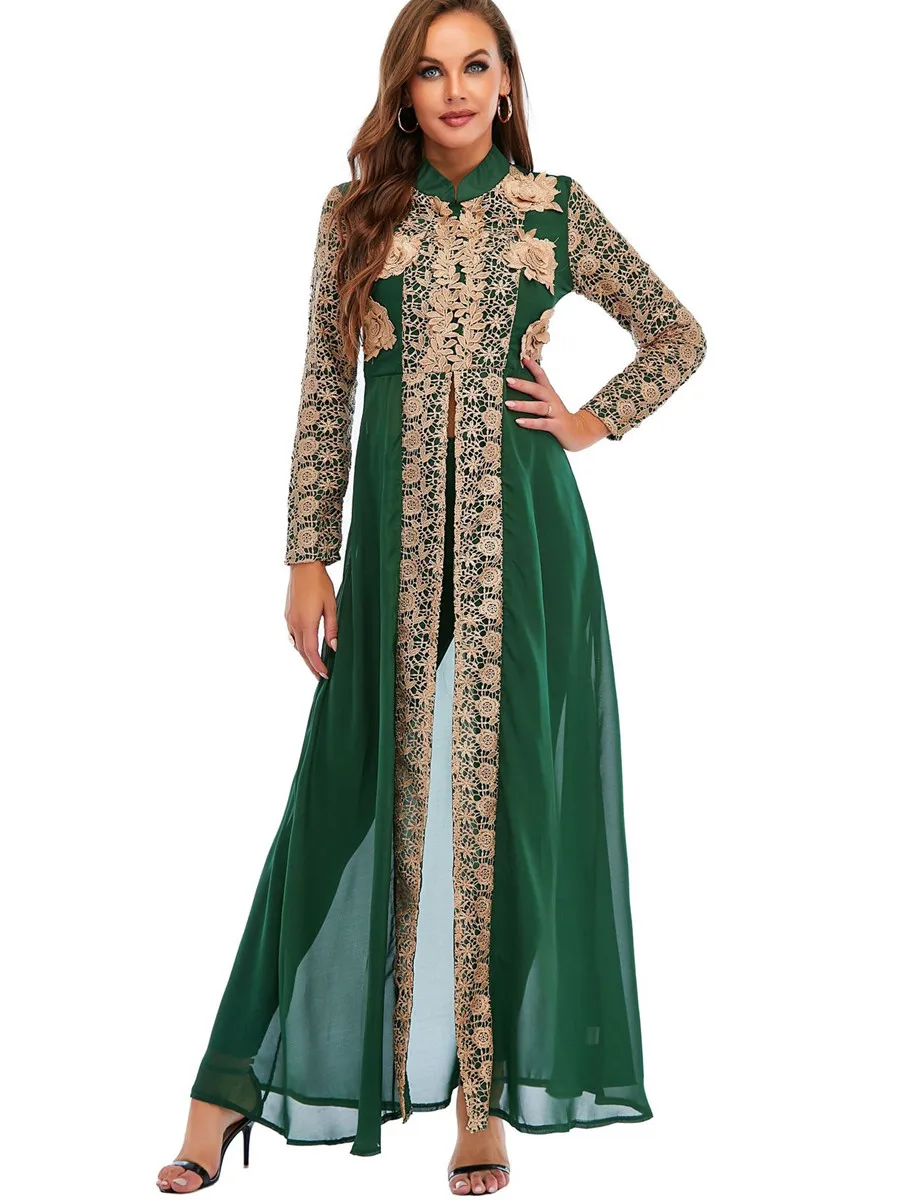 

Muslim Dubai Abayas For Women Ramadan Robe Femme musulman Islam Chiffon Stand Collar Long Dress Lace Embroidery Two Piece Suit