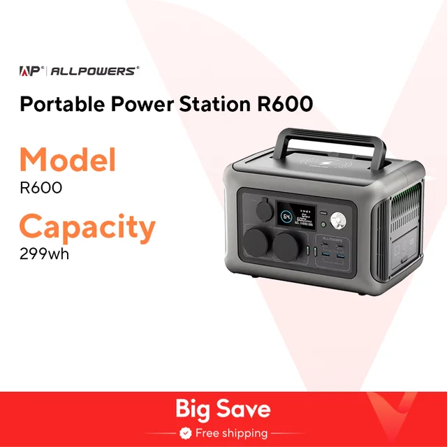 ALLPOWERS Portable Power Station R600, 299Wh LiFeP04 Battery with 2x 600W (1200W Surge) AC Outlets for Outdoor Camping RV Home 1