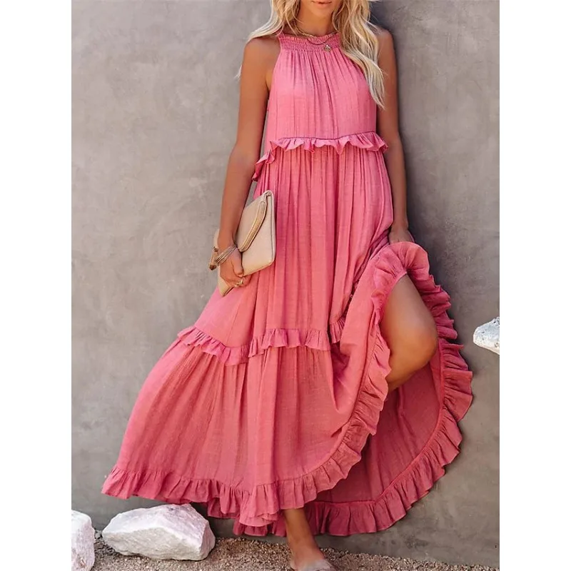 

Summer New Women's Vacation Ruffle Edge Long Dress Temperament Commuting Female Casual Loose Flare Flowing Beach Dresses