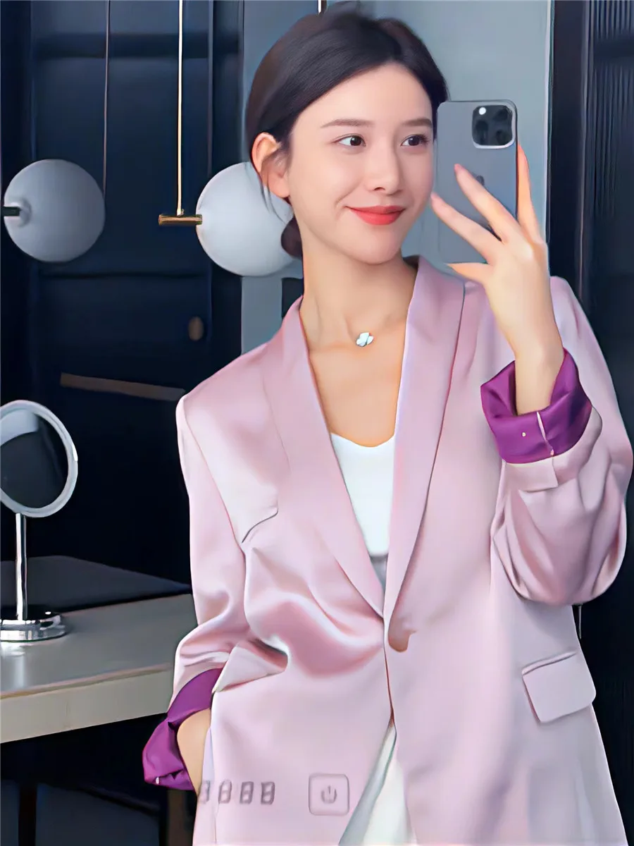 

2024 New Satin Pink and Purple Women's Suit Jacket Spring Design Sense Niche High-end Sense Fried Street Office Lady Blazer Top
