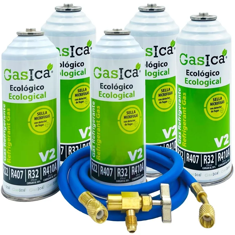 Confezione Da 5 Bottiglie Gas Refrigerante Gas V2 - R22-R32-R407-R290-R410A + 5/16 Tubo Di Ricarica X1/4 + Valvola