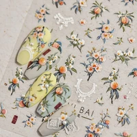 Vintage Yellow Peach Summer Orchard Fruit Flower Branch Nail Art Decorations Stickers 3D Self Adhesive Nail Manicure Tool Decals 1