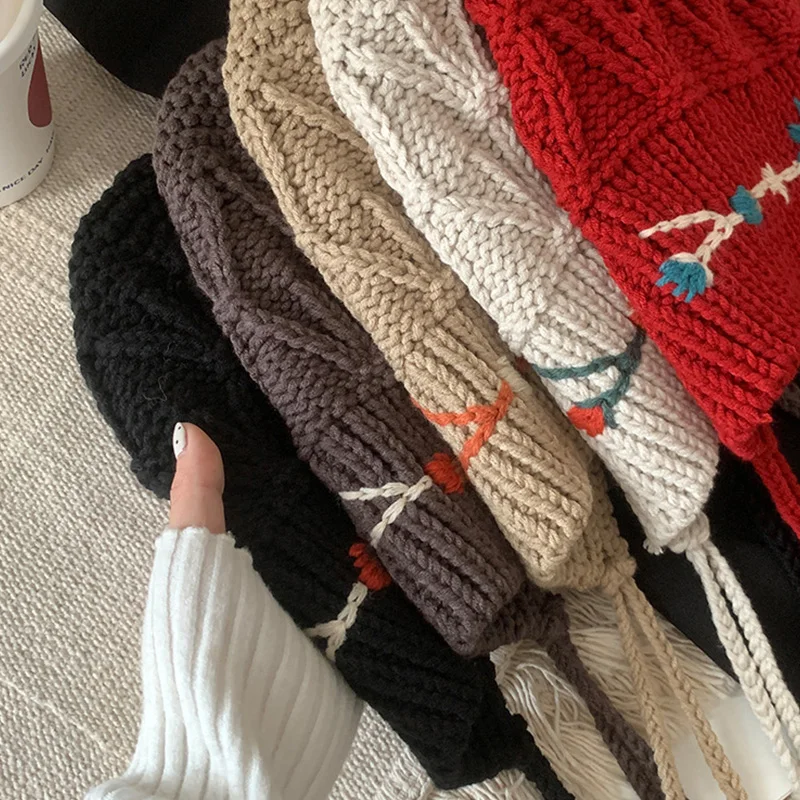 Bohemian Tassel Knitted Hat for Women Flower Crocheted Beanies Autumn Winter Warm Ear Protection Cap Girls Fashion Woolen Bonnet 5