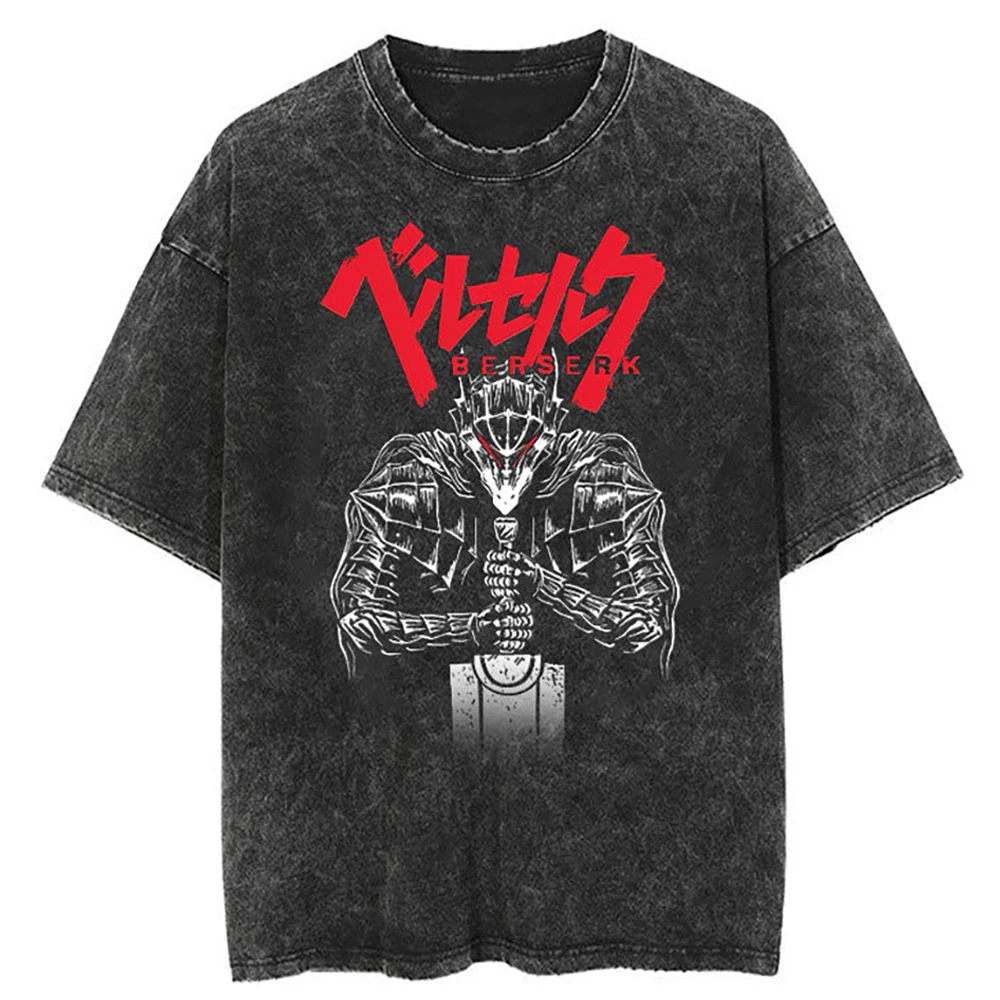 

Hip Hop Washed T-Shirt Japanese Anime Berserk Graphic Printed T Shirt Men Harajuku Cotton Tshirt Summer Short Sleeve Tops Tee