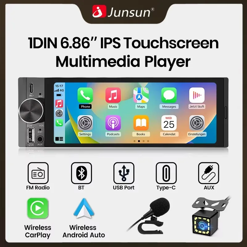 Junsun 1Din IPS 6,26 pulgadas Universal inalámbrico CarPlay Android Auto Radio de coche Multimedia Video reproductor MP5 pantalla táctil estéreo 1