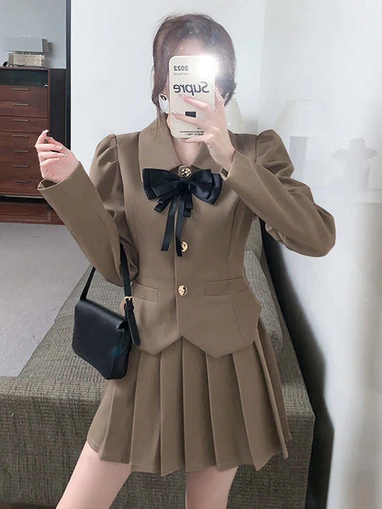 

New Autumn Women Office Skirt Suits Fashion Bow Puff Sleeve Short Jacket And High Waist Pleated Mini Skirt Two Piece Set