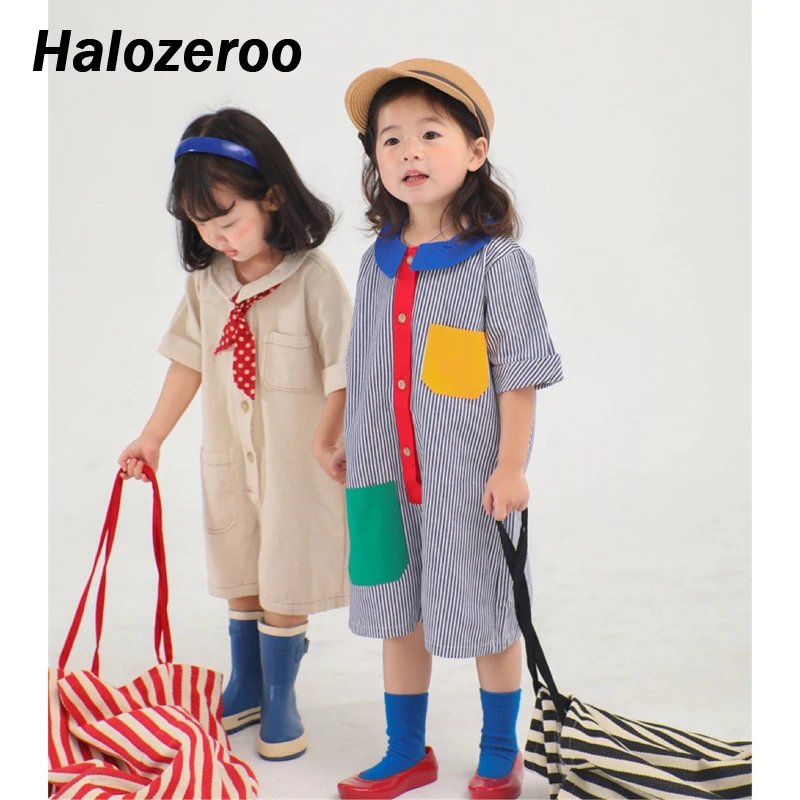

New Summer Baby Girls Harem Pants Infant Jumpsuit Kids Cotton Clothes Children Standing Collar Pocket Short Sleeve Romper Boys