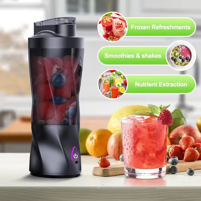 عصارة خلاط كهربائية محمولة مع غطاء للسفر، عصير صغير قابل لإعادة الشحن عبر USB، مصنوع خصيصًا لخلاط فواكه السفر العائلي