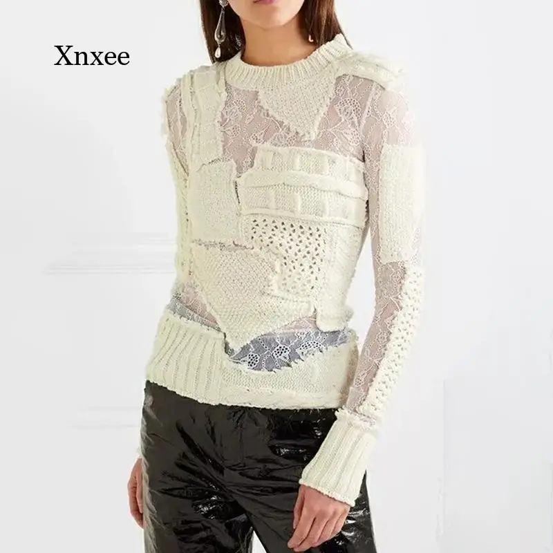 

Splicing Sweater Irregular Lace Old Knit Pullover Ladies Shirts Autumn New Style Personality Tops Streetwear Sexy Hollow Sweater