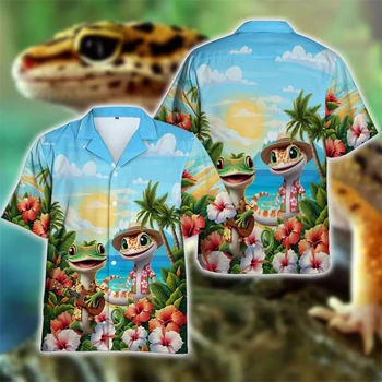 2025 Camicia da spiaggia hawaiana Divertente animale Lucertola Camicetta con risvolto Camicie Cabrite per uomo Abbigliamento Hip Hop Maschile Streetwear Camicette 1