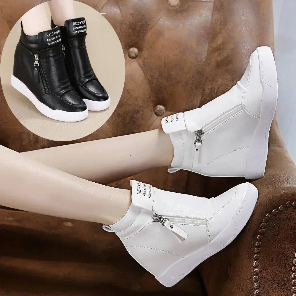 Women Casual Sneakers Leather Platform Wedge Boots Hidden Heel