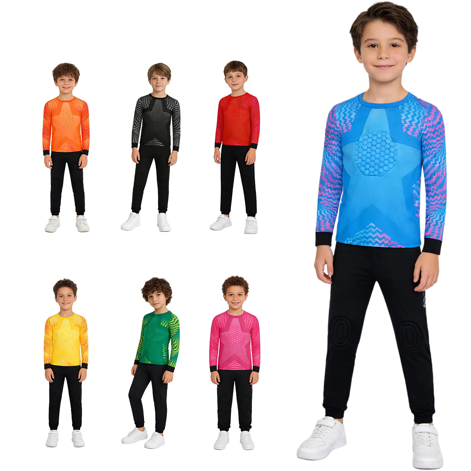 키즈 보이즈 축구 골키퍼 스포츠 의류 빠른 건조 긴 소매 프린트 패딩 골키퍼 탑 바지 포함 농구 러닝용