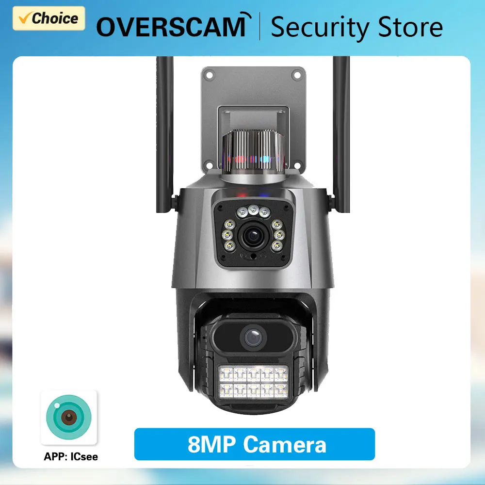 מצלמת Wifi חיצונית דו עדשה PTZ 8MP 4K עם אזעקת סירן למניעת גניבה, זיהוי אדם Ai, מעקב וידאו P2P iCSee