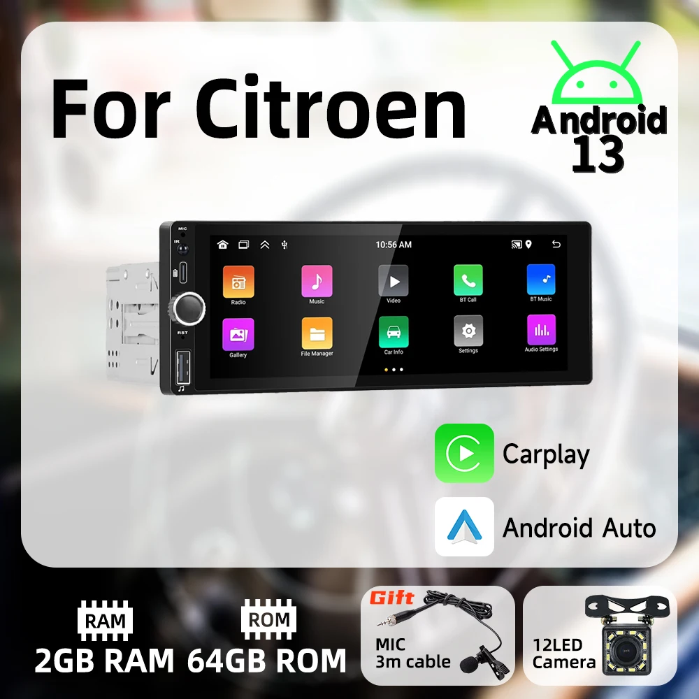 

Автомагнитола Carplay для Citroen, мультимедийный стереопроигрыватель на Android, экран 6,86 дюйма, GPS, Wi-Fi, 1din