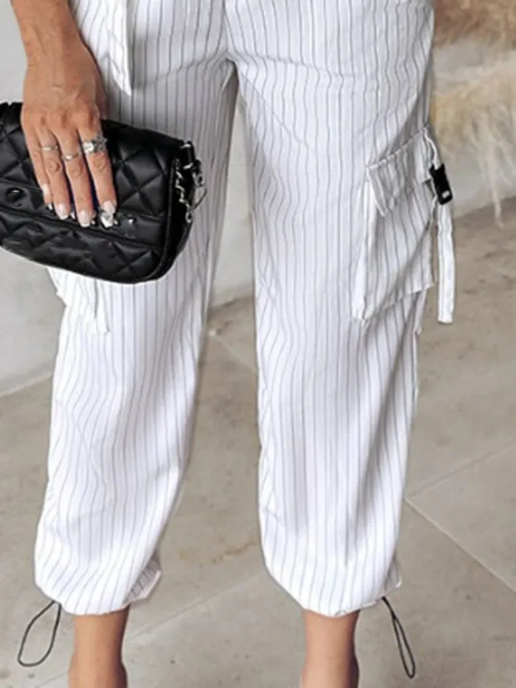 Chic Casual Striped Printed Vest Pants Suit for Women New Summer  V-neck Button Top Pocket Loose Pants Outfits Two-piece Suit