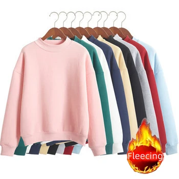 Fleecing Half High Neck Long Sleeve Casual Top For Women Clothing Autumn Winter Trend Solid Simple Pink Sweatshirts New Basic 1