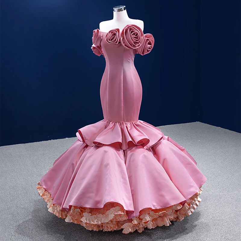 Exquisite Long One-Piece Dress Gown Satin Fishtail Strapless High Quality Flowers Dress RSM222111 Vestido De Novia 3
