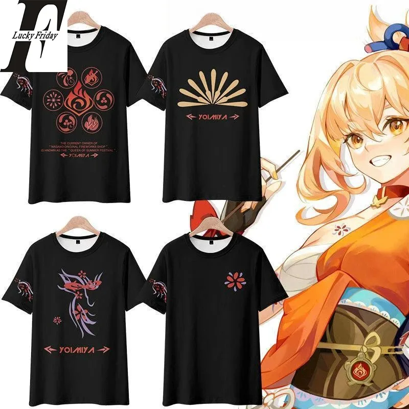 Genshin Impacto Naganohara Yoimiya 3D T-Shirt Cosplay Anime Ver Ao Das Mulheres Dos Homens Camisetas Topos O Pesco Aco Manga